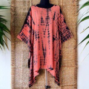 Coral Blue Tie Dyed Dolman Sleeve Cover Up Poncho Top (#37)